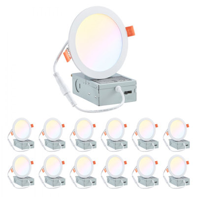 Plafonnier encastré à DEL 6 pouces, 5CCT, plafonnier sans cadre avec boîte de jonction, 2700K / 3000K / 3500K / 4000K / 5000K sélectionnable, 1100 ML haute luminosité 12W 120V, pour l'éclairage intérieur de la maison