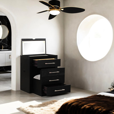 Modern Bedside Vanity With Stool, Black Solid And Engineered Wood Configuration, 2 Drawers Nickel Handles, Led Mirror 3 Color Modes On Vanity, Felt - Lined Jewelry Storage Area, Top Multiple