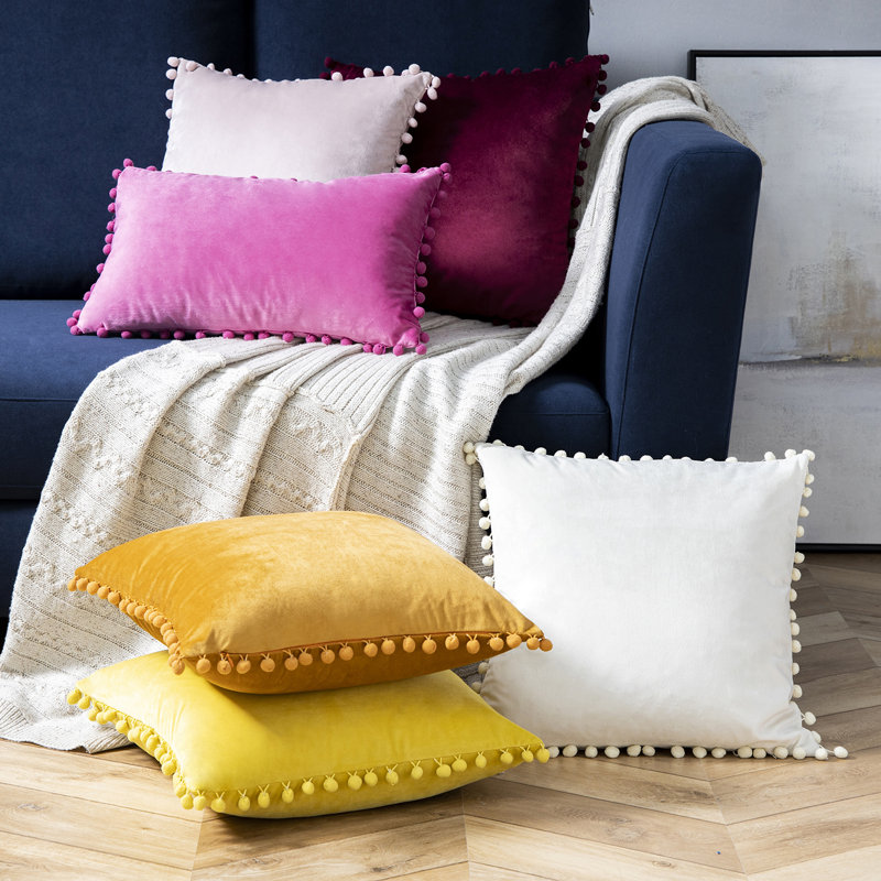 Silky Velvet Series Pom-poms Decorative Throw Pillow, Pink, Pillow Cover & Insert, Rectangle 12"H x20"W
