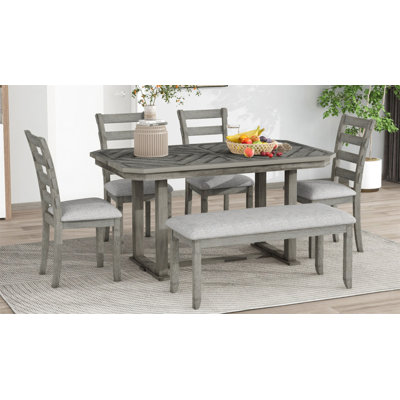 Ensemble de table de salle à manger 6 pièces en bois d'hévéa avec placage en bois massif et coussin moelleux