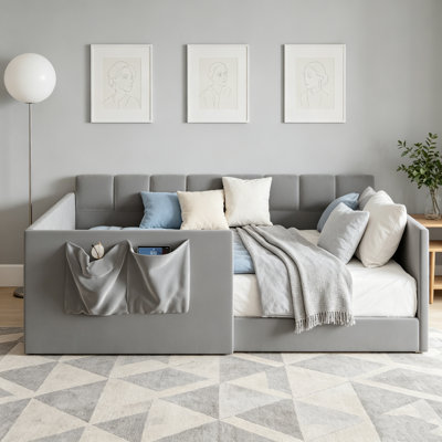 Gray Full Size Velvet Upholstered Daybed Sofa Bed with High Side Panels, Side Entrance & Storage Pockets, Space-Saving Guest Bed
