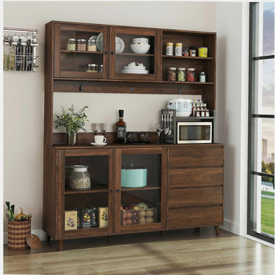 63 Inches W Large Kitchen Wall Cabinet, Freestanding Storage Cabinet Kitchen Cabinet, with 4 Doors, 4 Drawers, and Microwave Rack, Walnut Color