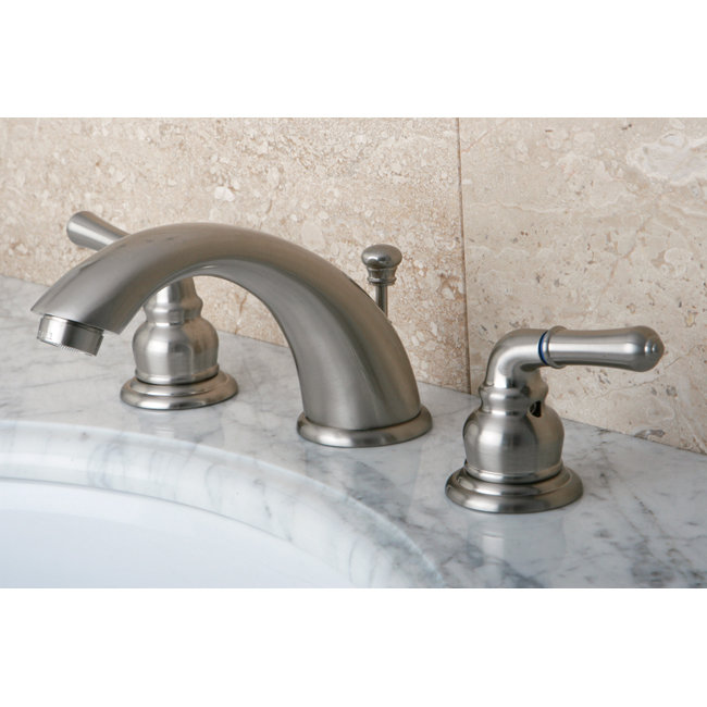 Kingston Brass Magellan Two-Handle 3-Hole Deck Mount Widespread Bathroom Faucet with Retail Pop-Up Drain, Brushed Nickel