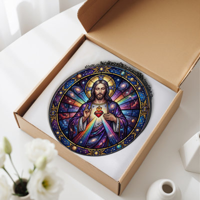 Sacred Heart Stained Glass Window Panel，12"H