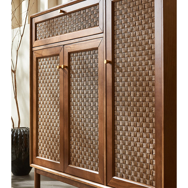 Solid Wood Rope-Woven Storage Shoe Cabinet