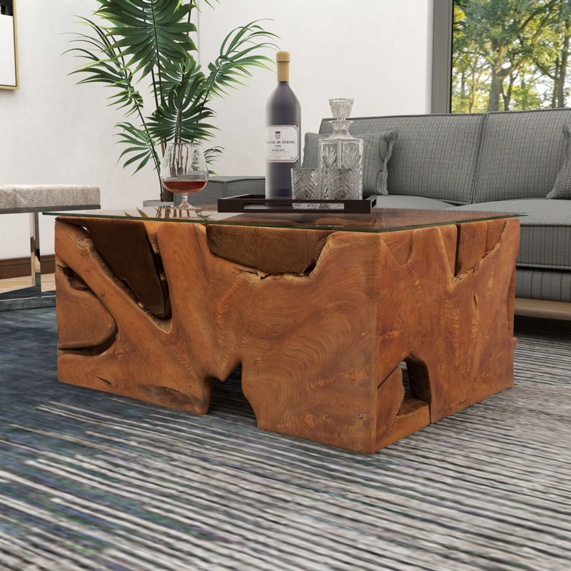 Teak Wood Handmade Live Edge Tree Stump Living Room Coffee Table with Clear Glass Top