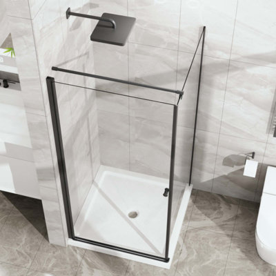 Cabine de douche, porte de douche d'angle avec base de douche blanche, cabine de douche à ouverture pivotante avec verre trempé transparent de 1/4 po