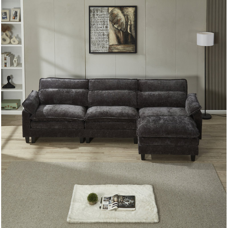 Canapé modulaire en L avec repose-pieds Luqi, Chenille noir, H 35,8 po x l 115 po x P 52,4 po