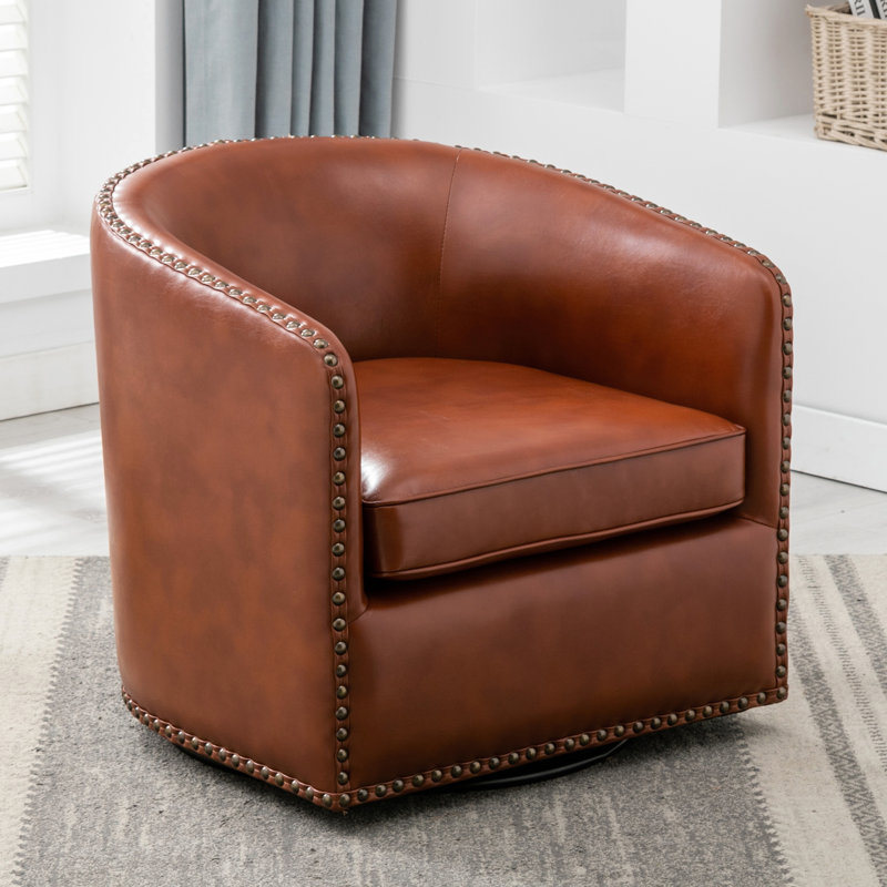 Gatwick 28.5'' W Faux Leather Swivel Barrel Chair, Caramel Faux Leather