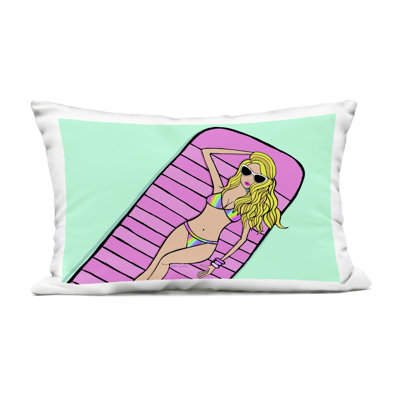 Trendy Girl on Pool Float Design by Katie Conley Outdoor Printed Pillow