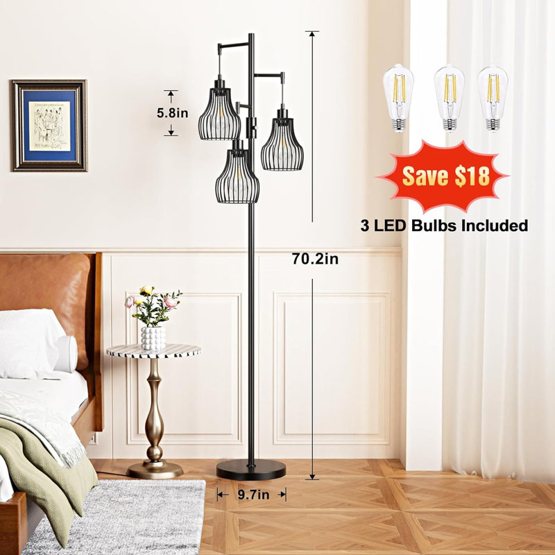 Dimmable Floor Lamps, Industrial Tree Standing Tall Lamps With 3 Elegant Cage Shade & 800 Lumens Led Bulbs, Matte Black