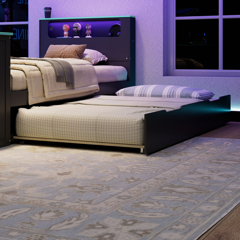 Wood Daybed With Trundle,Desk,LED Light And USB, Twin, Black/Blue
