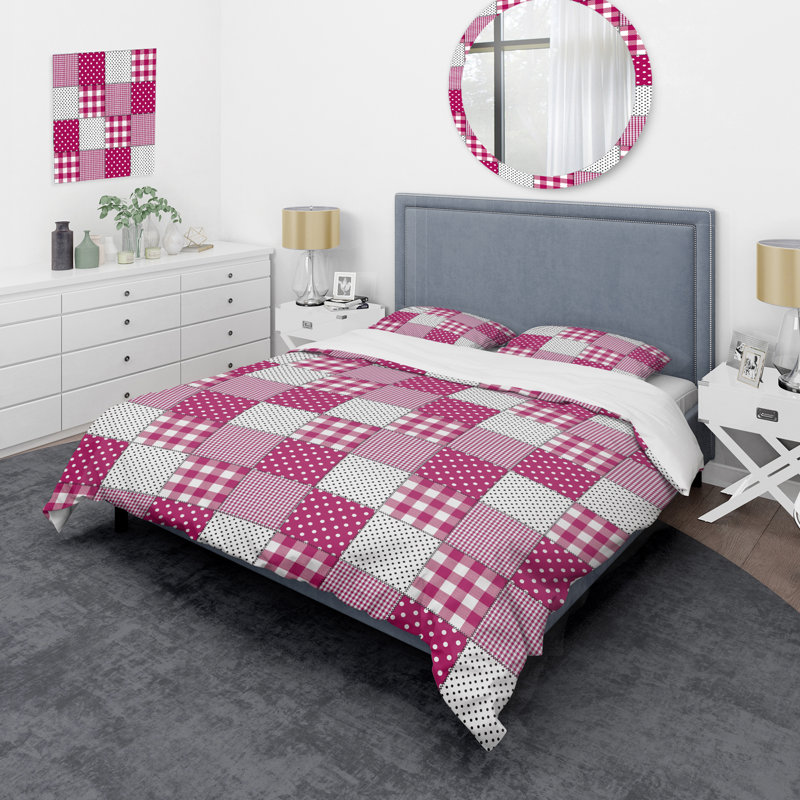 Patchwork rose et blanc - ensemble de housse de couette abstrait - microfibre de polyester