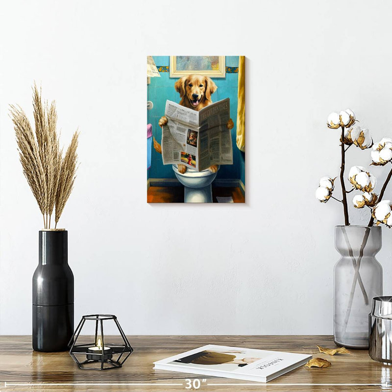 Golden retriever sur une toilette sur toile, H 12 po x l 8 po x P 1 po