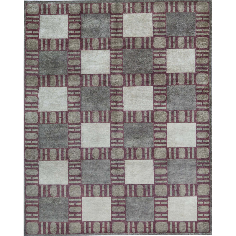 Tapis rouge et gris noué à la main de haute qualité