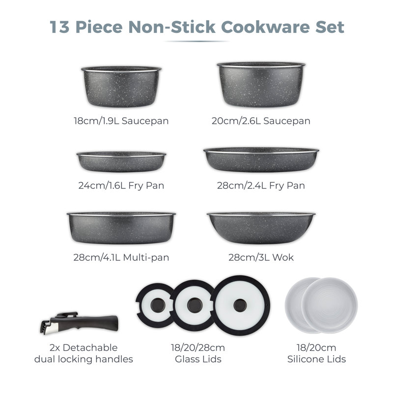 Tower Freedom Detachable Handles Cookware Set with Cerastone Coating, Stackable Design, 13pc, Graphite, Cerastone Black