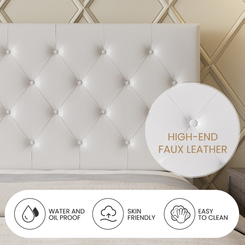 Full Size Modern Faux Leather Upholstered Platform Bed Frame, with Button Tufted Headboard, No Box Spring Needed, Full, White
