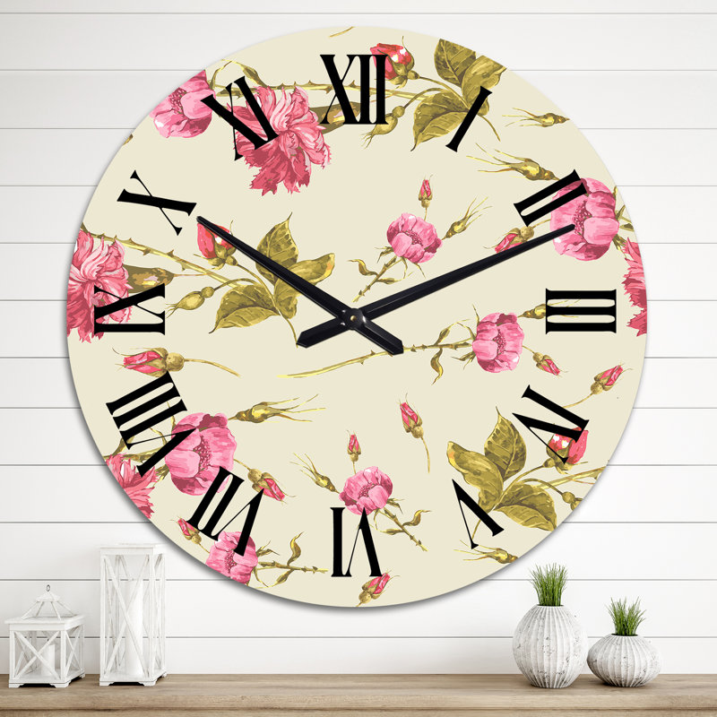 Horloge murale à motif de roses et de fleurs sauvages rétro sur fond beige, Surdimensionné