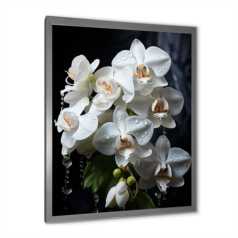 Pétales d'orchidées blanches élégantes sur toile, H 20 po x l 12 po x P 1 po, Cadre simple argenté