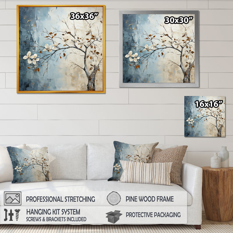 Feuille et fleur en hiver, Cadre simple blanc, H 30 po x l 30 po x P 1 po