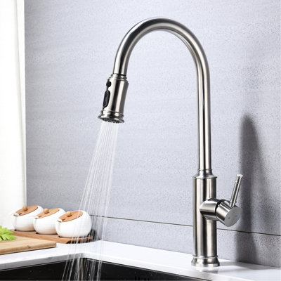 Kitchen Faucet With Pull-Out Spray Head, Brushed Nickel Finish, Stainless Steel Construction, 360 Rotatable Nozzle For Simple Use, Corrosion And Rust Resistance, Single Handle Flow Pullout Spray,