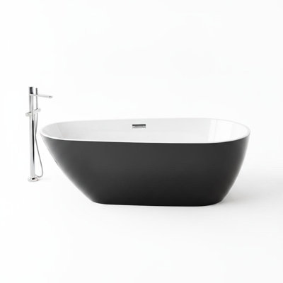 67" Acrylic Freestanding Bathtub, Modern Double End Shape Tub, White and Black Deep Soaking Bath Tub, Contemporary Upright Stand Alone Tub with Chrome Pop-Up Drain and Overflow