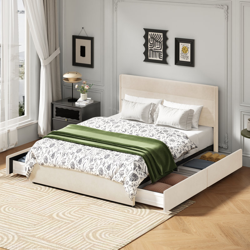 Brezzy Upholstered Storage Bed with Wingback, Cream Velvet, Queen