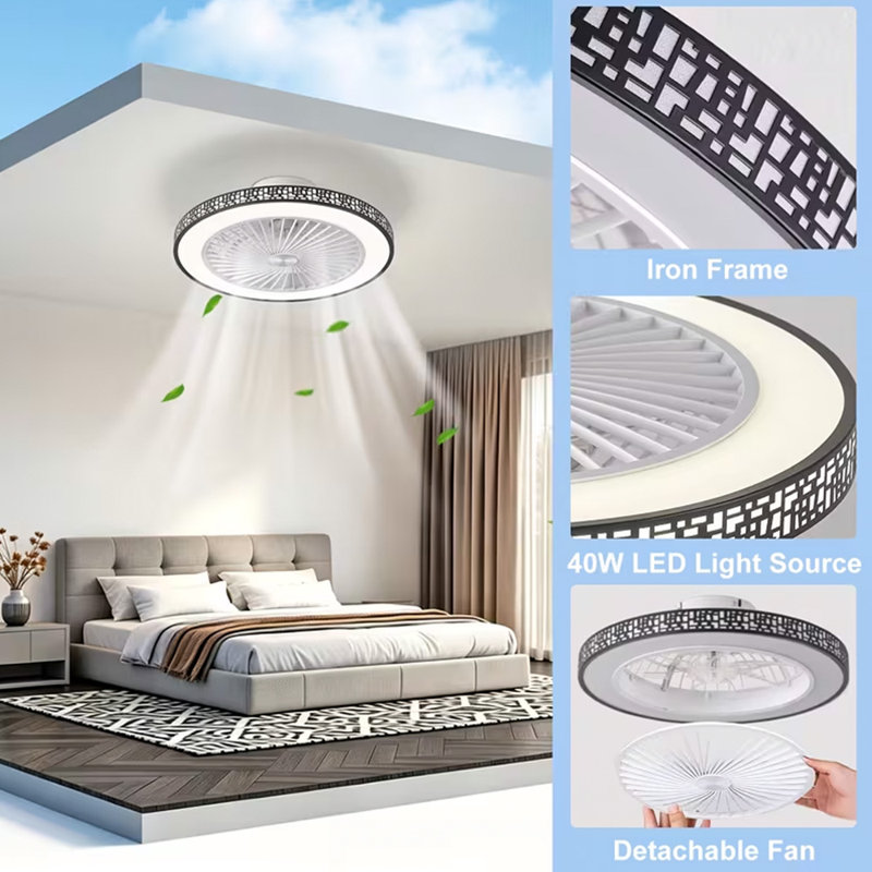 Bedroom Ceiling Fan with Light and Remote Control, Modern Fan Light with 6 Speeds and Dimmable, Black