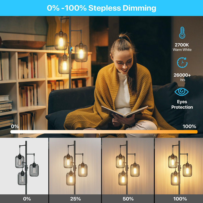 70" Dimmable Floor Lamp With Cage Shade, 3 LED Bulbs For Living Room, Bedroom, Office