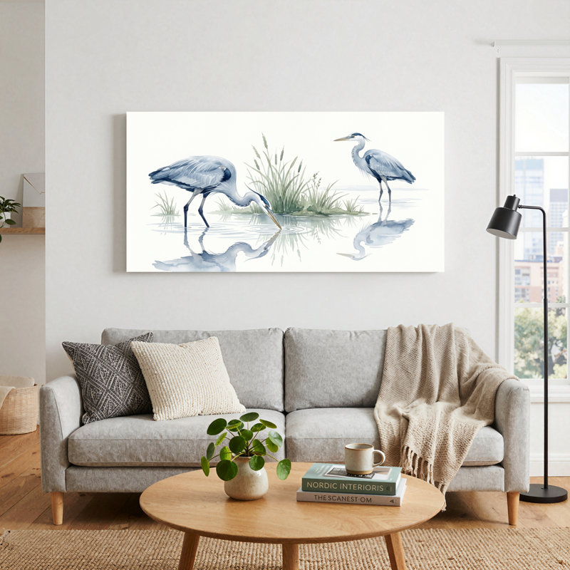 Ensemble de 1 tableau mural aquarelle Héron, L 32 po x H 16 po, Toile tendue