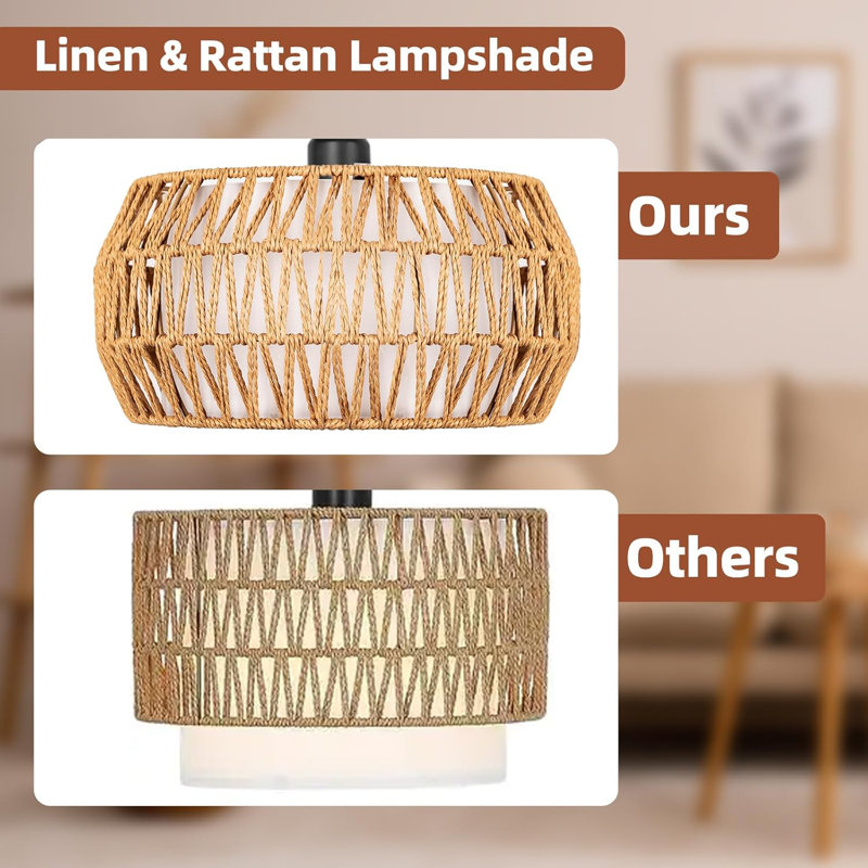 Remote-Controlled Rattan Floor Lamp With Dimmable LED Bulb, Adjustable Color Temperature, 360Â° Rotatable Head, Dual Lampshades, Timer & Foot Switch, Metal Base For Living Room, Bedroom, Office