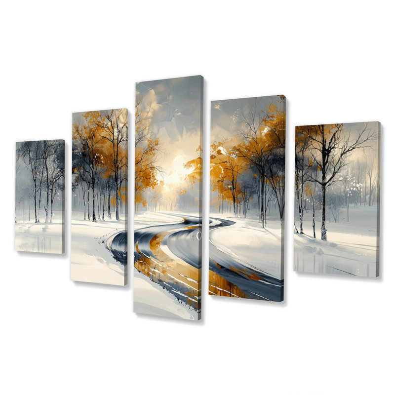 Or et blanc route givrée en hiver III - ensemble d'art mural sur toile paysage d'hiver