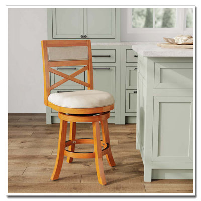 Counter Height X‑Back Swivel Stool– Beige Fabric Seat