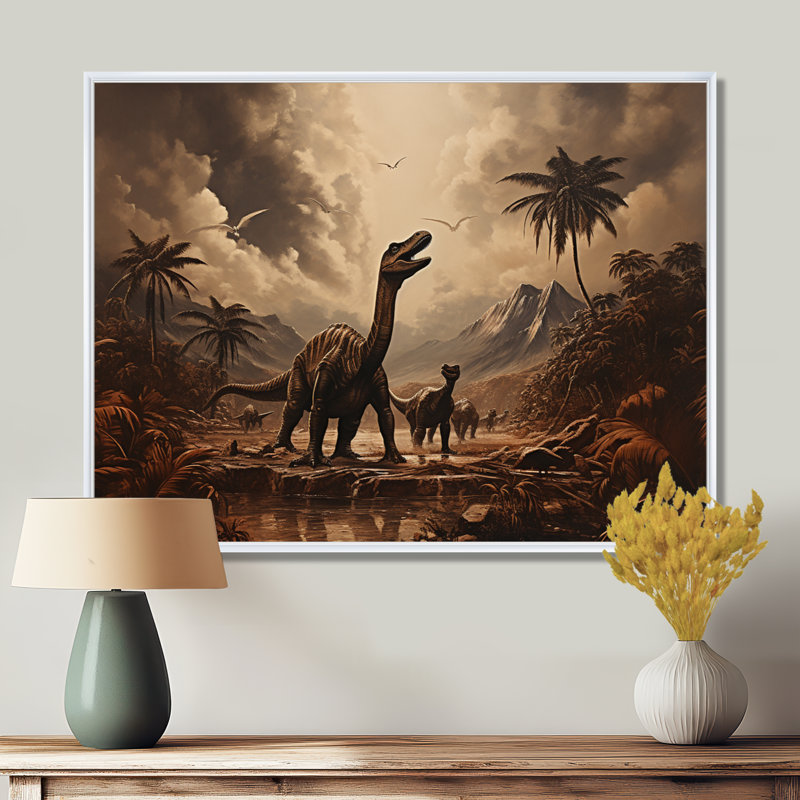 «Dinosaure rétro paysage II» - art mural dinosaure, Cadre flottant blanc, H 24 po x l 32 po x P 1 po
