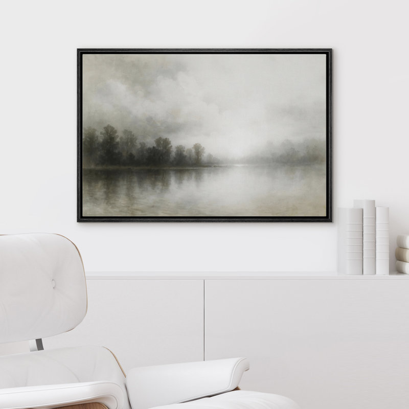 «Bright Misty Forest Lake with Morning Light Reflection», reproduction d'art sur toile encadrée dans la chambre principale