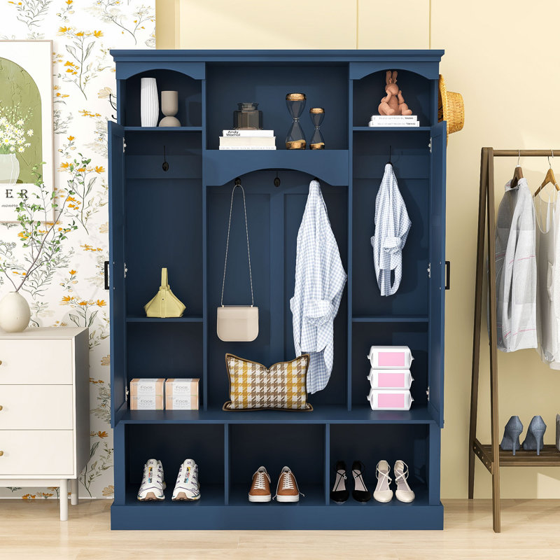 Hall Tree with Arched Design, Storage Bench, Side Cabinets and Hooks, Blue