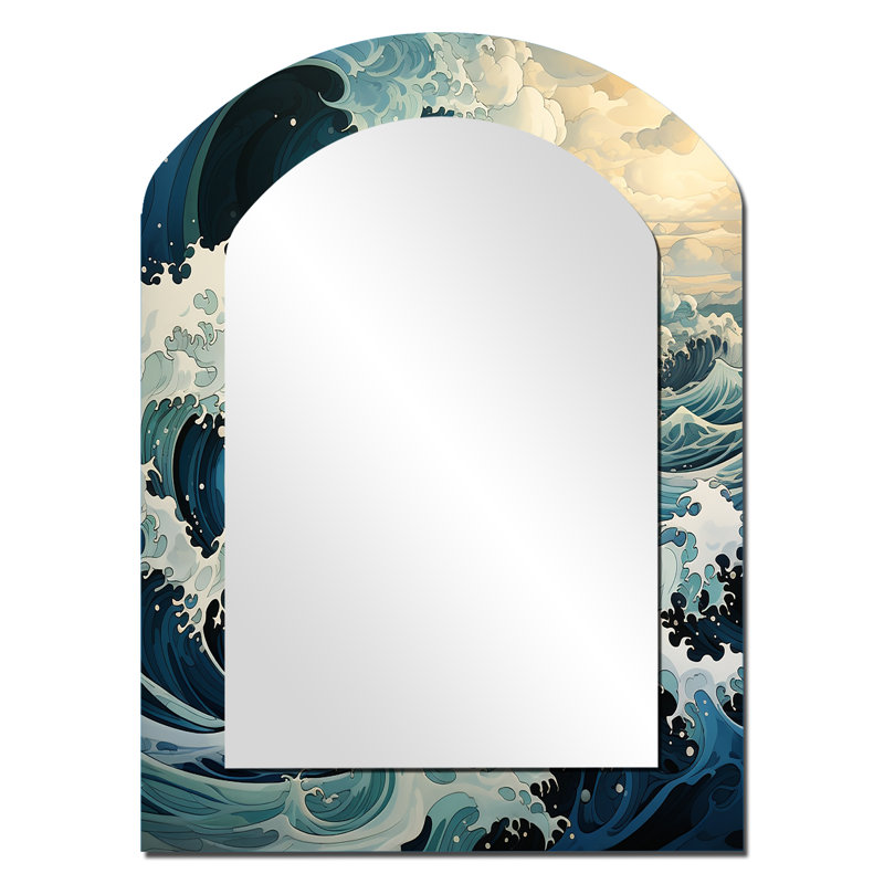 Abstrait bleu et blanc Ocean Storm I - Grand miroir mural arqué sur métal, 34 po x 25 po
