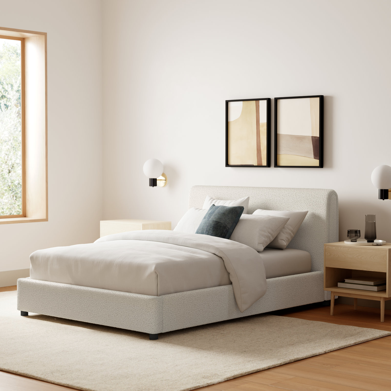 Demarco Platform Bed, White Boucle, Full