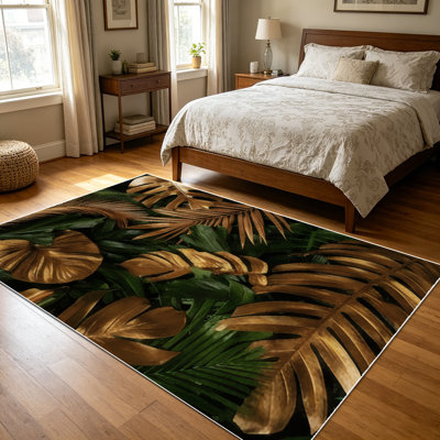 1PC Gold Dark Green Tropical Palm Monstera Leaf Botanical area rugs for Living Room, Soft and Comfortable, Suitable for all seasons, easy-to-maintain, machine washable Indoor floor mat, Under Table Farmhouse suitable for dining room, bedroom,
