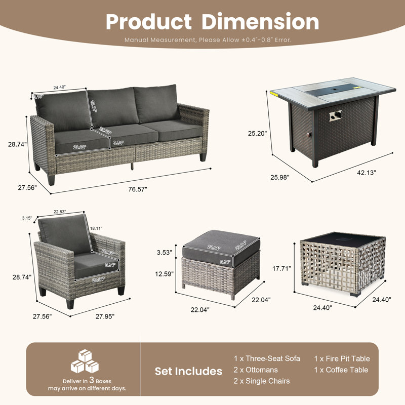 Ensemble de canapé d'extérieur pour 7 personnes, table basse avec éclairage et table de cuisson 2 en 1 pour 7 personnes, Noir