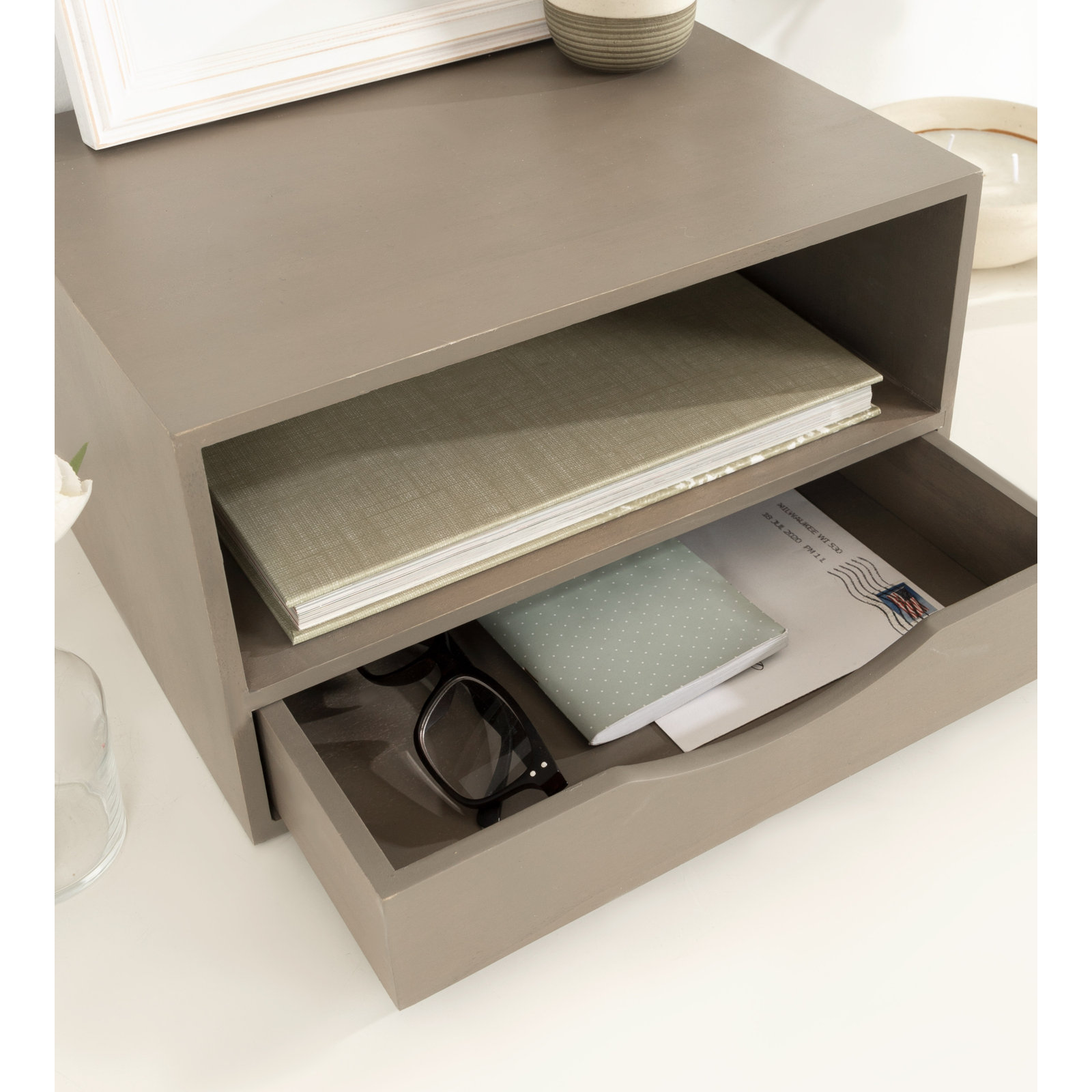 Adeana Poplar Solid Wood Floating Shelf with Drawer, Gray