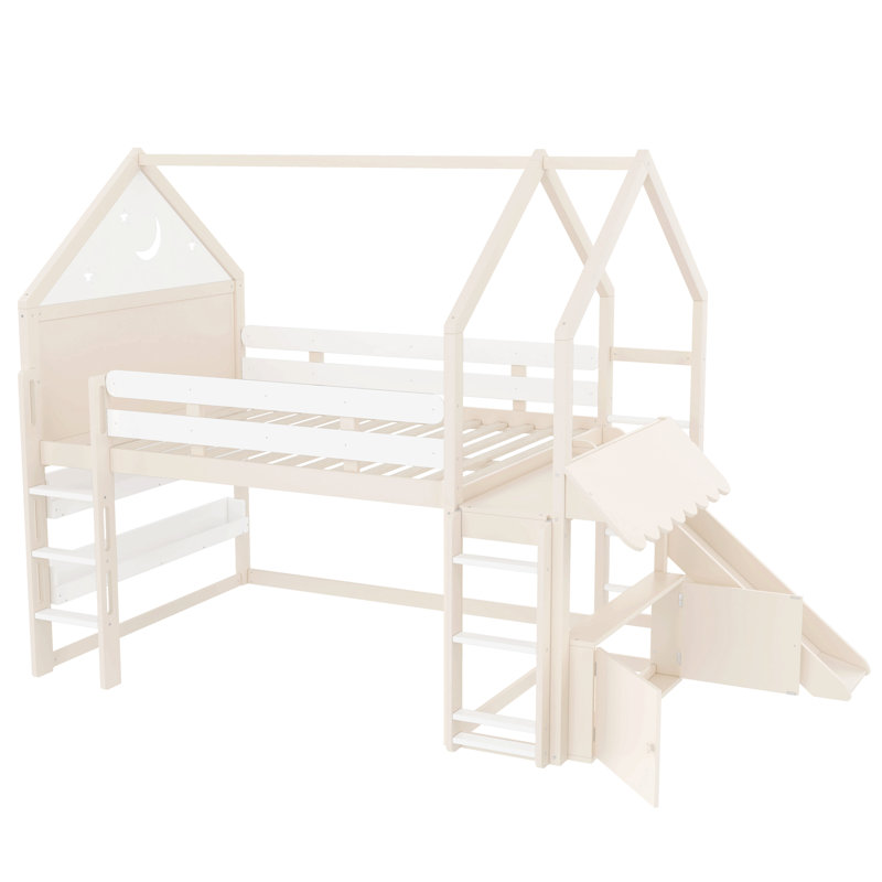 Full Size Loft Bed With Bookshelf Playful Design For Kids House-Shaped Structure With Slide High-Quality Safety Rails, Beige