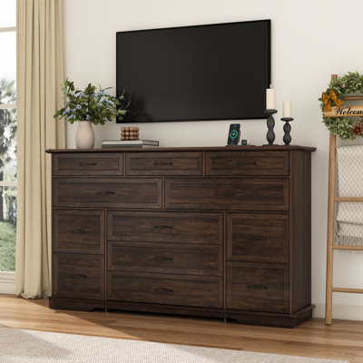 63" Farmhouse 12-Drawer Dresser With Power Outlets, Tall Wooden Chest Of Drawers, Wide Bedroom Storage Dresser Organizer