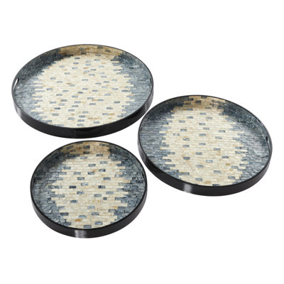 Bringle Mother of Pearl Shell Handmade Decor Blue Tray with Slot Handles Set