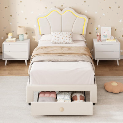 Twin Bed Frame with Storage, Upholstered LED Bed Frame with Headboard, Cute Velvet Platform Bed Frame