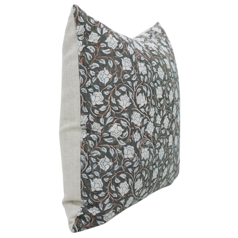 Linen Pillow Cover, 16" H x 16" W, Green/Orange Floral 1, Square