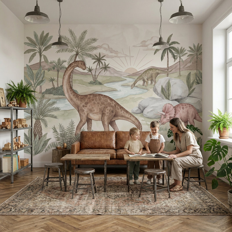 Papier peint aquarelle nature préhistorique dinosaures, 120"x96", Non-Woven Nonpasted