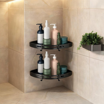 Étagère de douche d'angle adhésive avec 2 crochets - Organisateur de salle de bain en aluminium noir mat, sans perçage, 28 x 20,5 x 3 cm