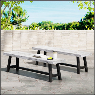 Outdoor Carlisle Benches, Sandblasted + Black (Set of 2), Durable Acacia Wood Seating for Stylish and Comfortable Outdoor Gatherings