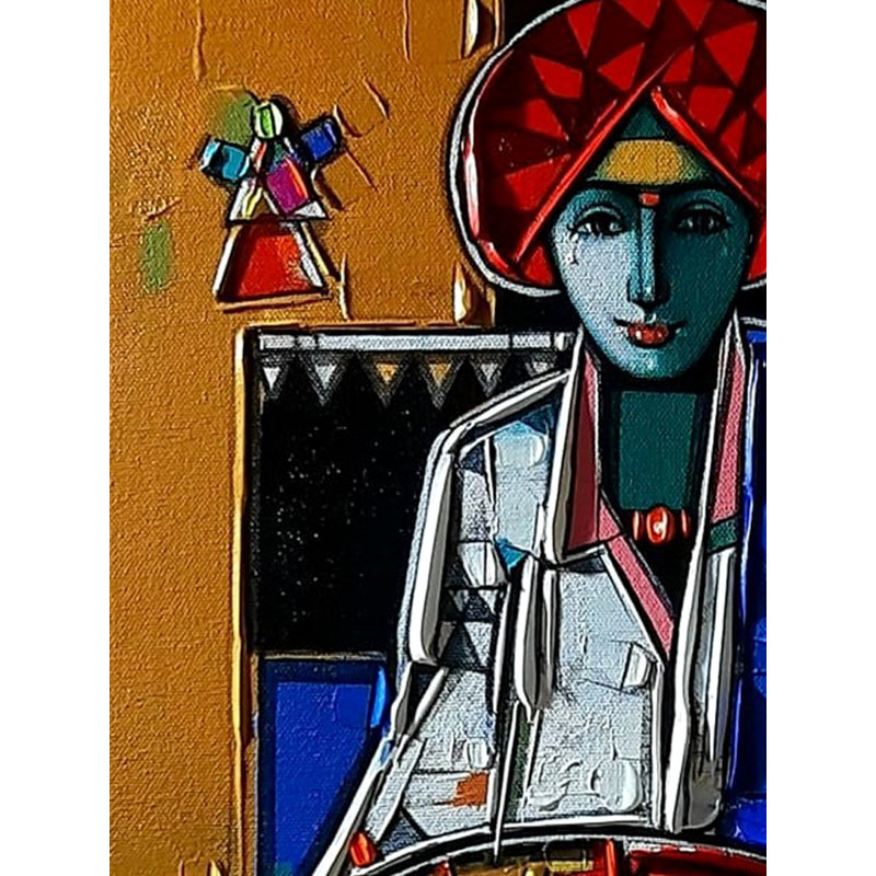 Homme turban jouant du tambour | Acrylique sur toile | Peinture de Girish Adannavar